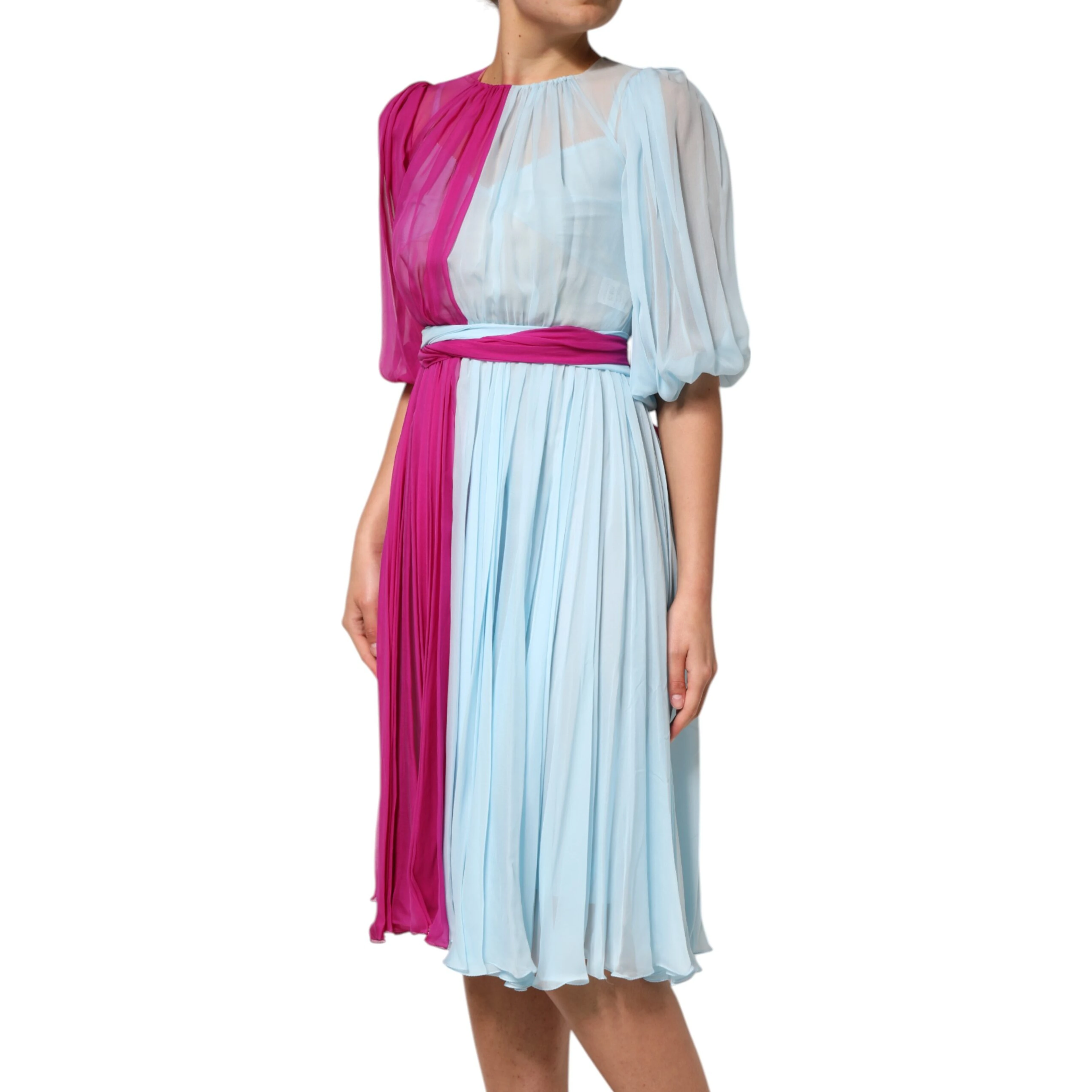 Fuchsia Light Blue Silk Two Tone Midi Dress