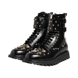 Black Studded Lace Up Mid Calf Boots Shoes