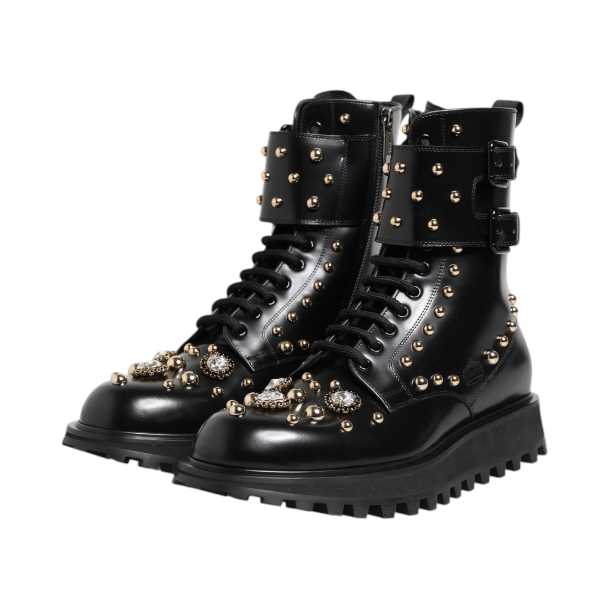 Black Studded Lace Up Mid Calf Boots Shoes