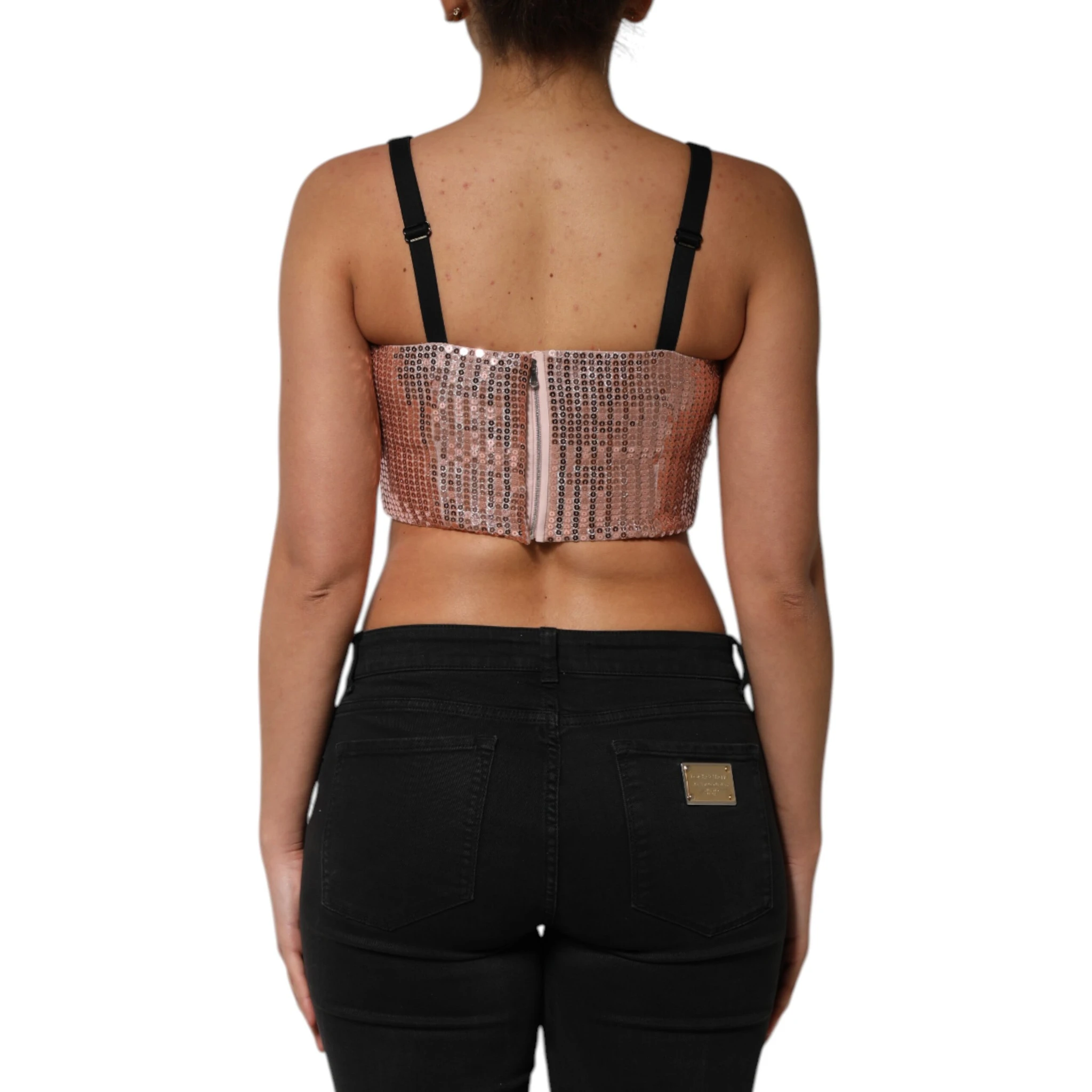 Pink Sequined Nylon Sleeveless Cropped Top