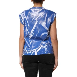 Blue White Cotton Logo Plaque Women Tank Top