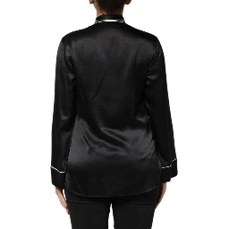 Black Silk Ascot Collared Button Blouse Top