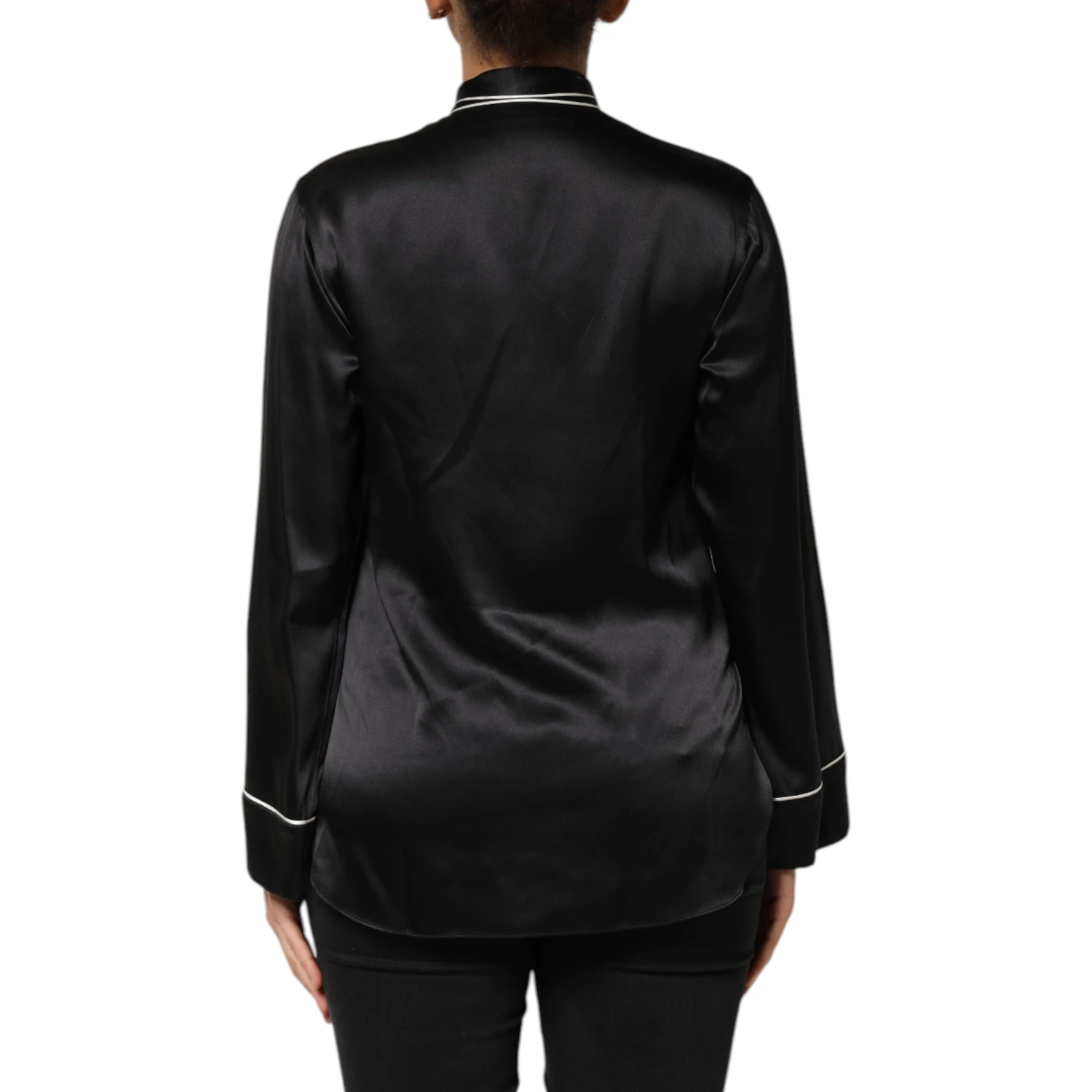 Black Silk Ascot Collared Button Blouse Top