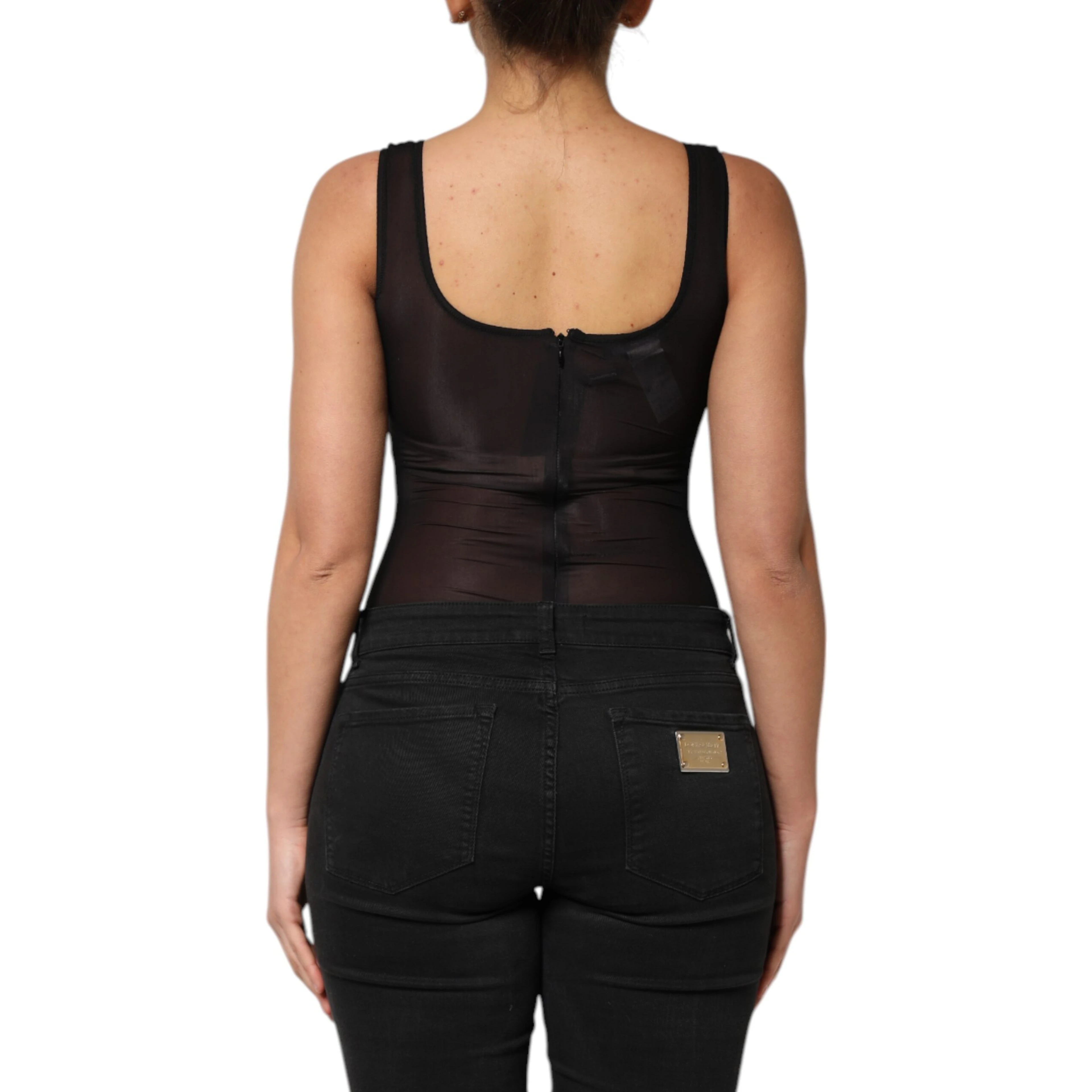 Black Nylon Sleeveless Round Neck Tank Top