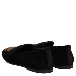 Black Velvet Gold Crown Mens Loafers Shoes