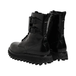 Black Leather Lace Up Mid Calf Boots Shoes
