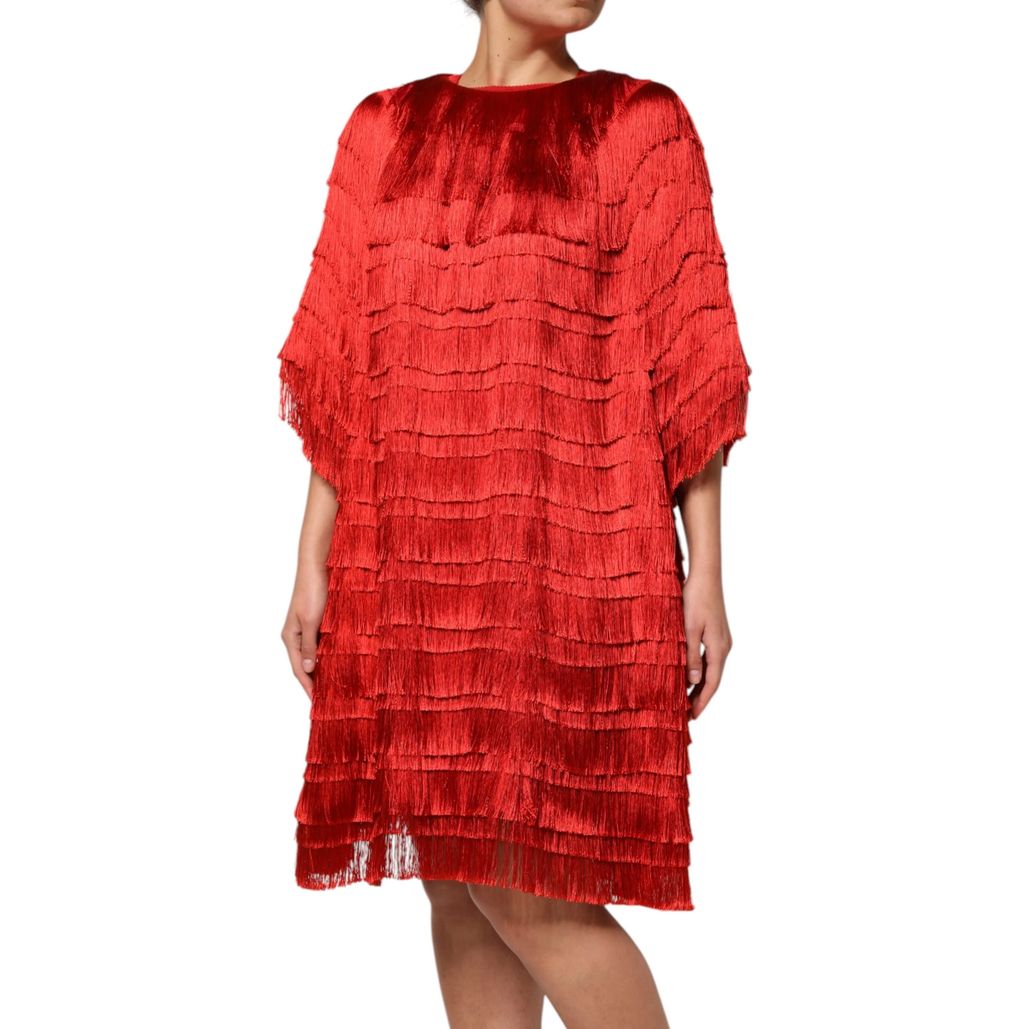 Red Silk Tiers Fringe Shift Knee Length Dress