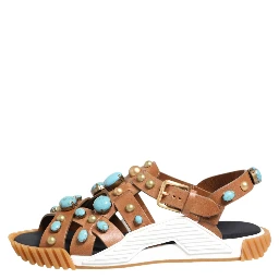 Brown Leather Studded Slides Sandals Shoes