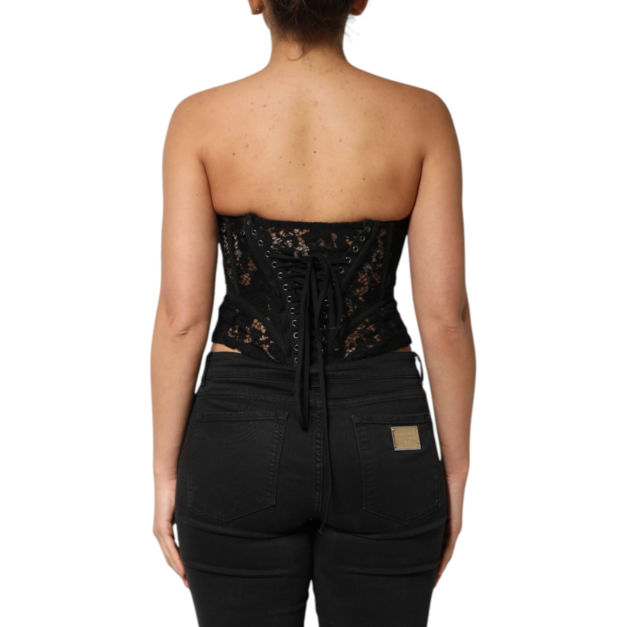 Black Strapless Floral Lace Bustier Cropped Top