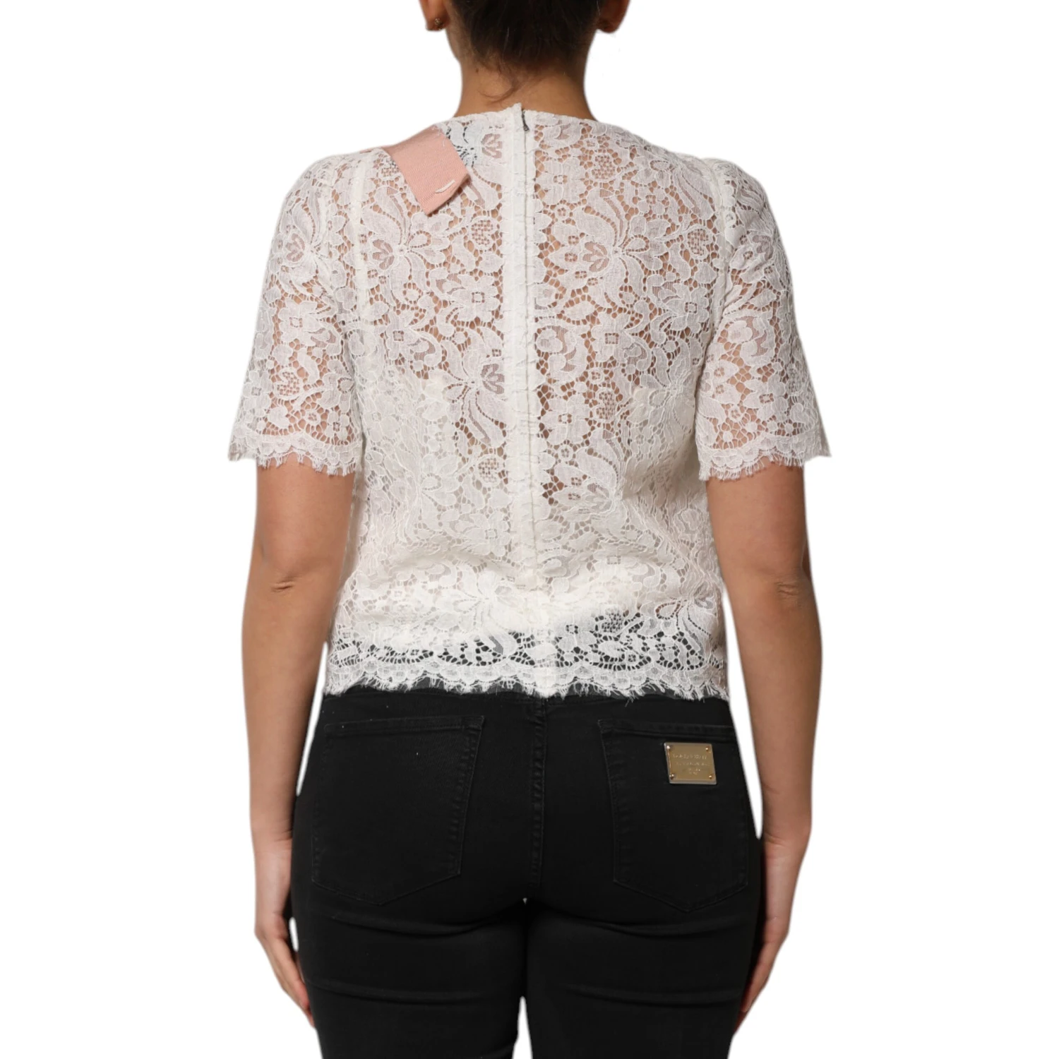 White Floral Lace Short Sleeves Blouse Top