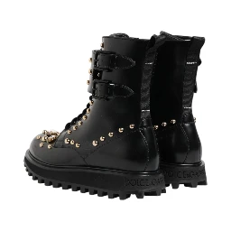 Black Studded Lace Up Mid Calf Boots Shoes