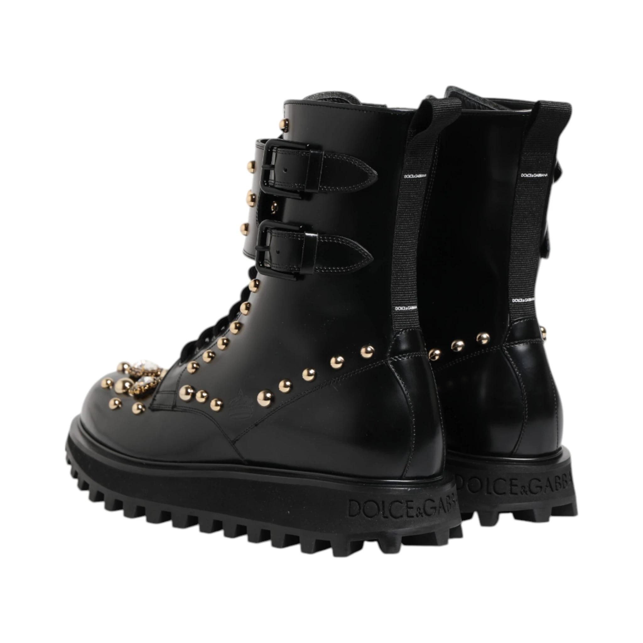 Black Studded Lace Up Mid Calf Boots Shoes