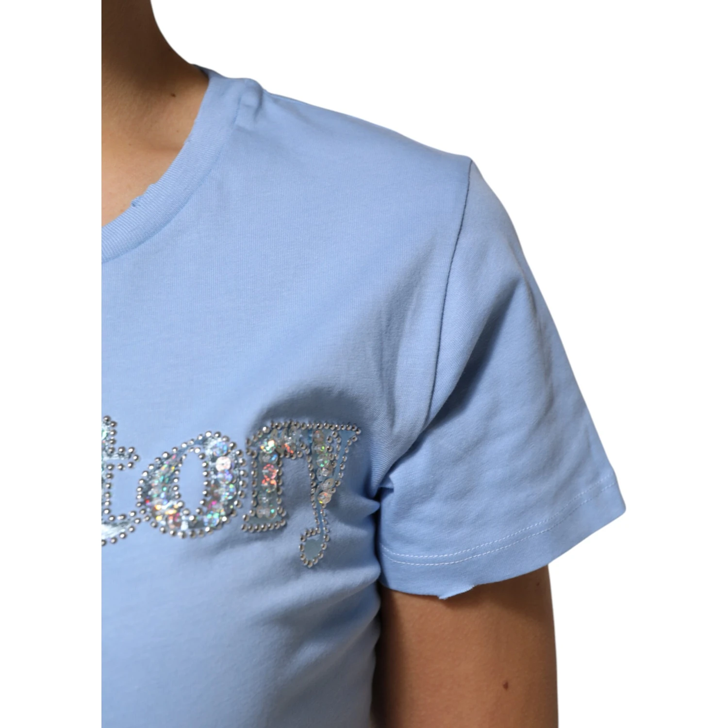 Blue Love Story Sequined Embellished Short Sleeves T-shirt
