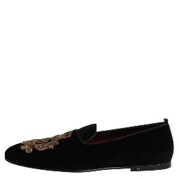 Black Velvet Gold Crown Mens Loafers Shoes