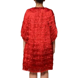 Red Silk Tiers Fringe Shift Knee Length Dress