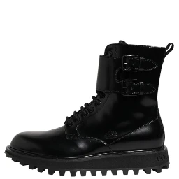 Black Leather Lace Up Mid Calf Boots Shoes