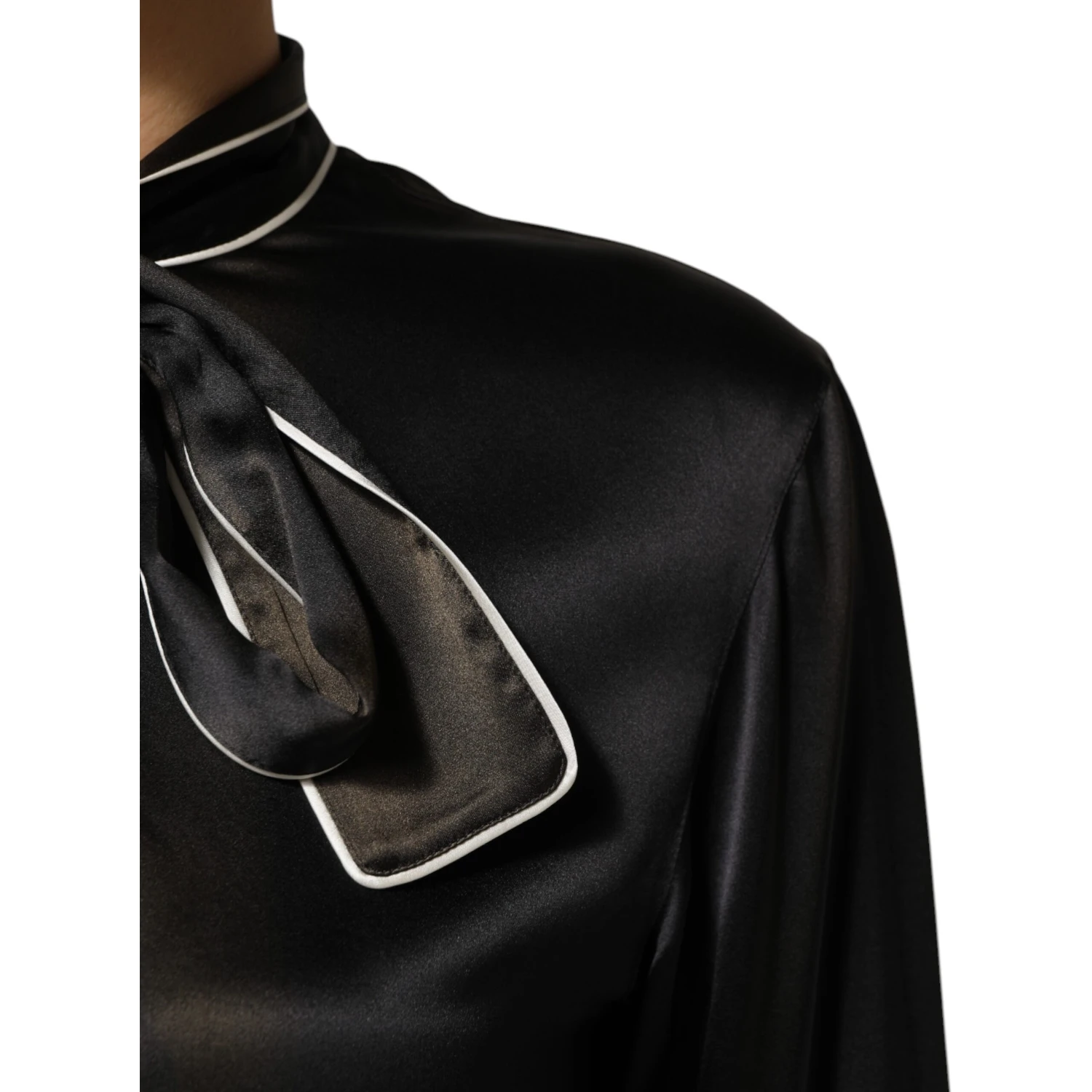 Black Silk Ascot Collared Button Blouse Top