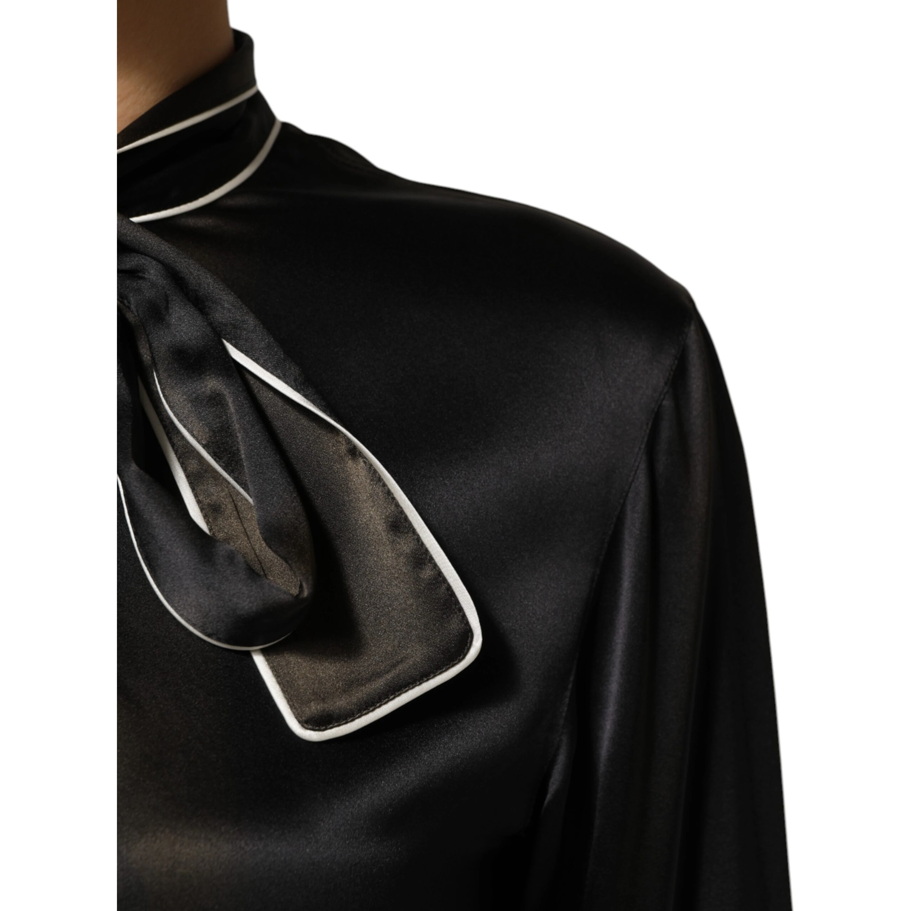 Black Silk Ascot Collared Button Blouse Top
