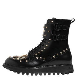 Black Studded Lace Up Mid Calf Boots Shoes