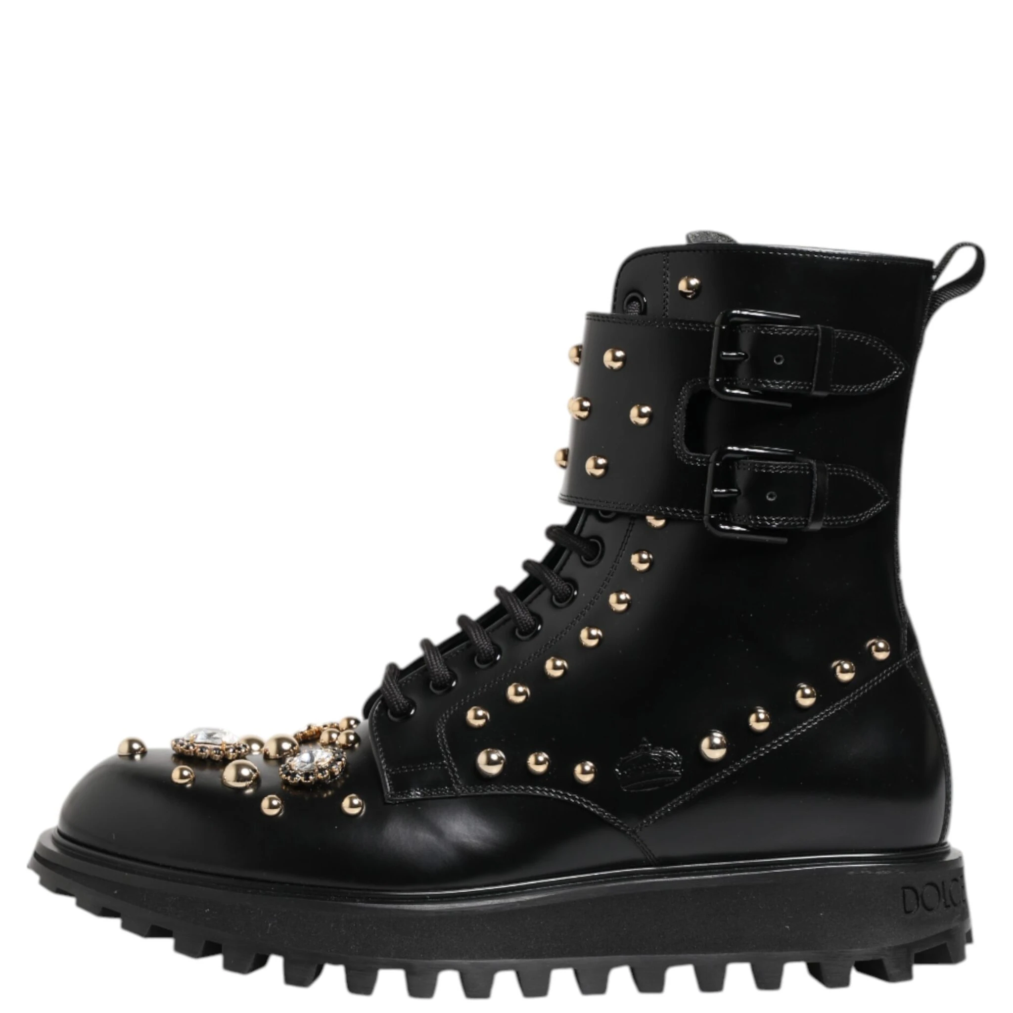 Black Studded Lace Up Mid Calf Boots Shoes