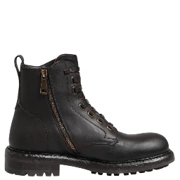 Dark Brown Leather Lace Up Mid Calf Boots Shoes