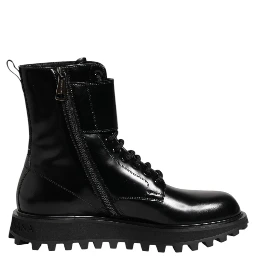 Black Leather Lace Up Mid Calf Boots Shoes