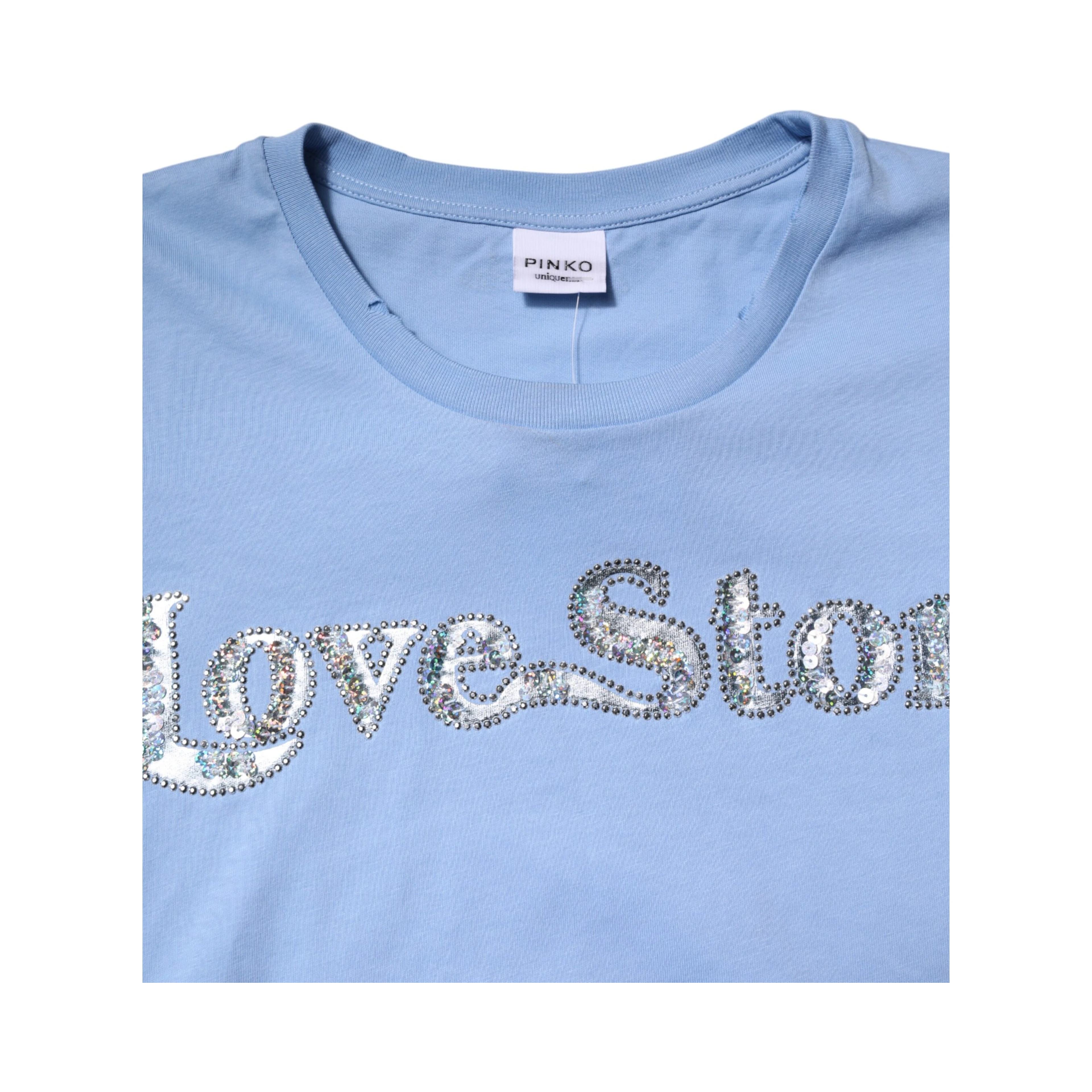Blue Love Story Sequined Embellished Short Sleeves T-shirt