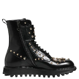 Black Studded Lace Up Mid Calf Boots Shoes