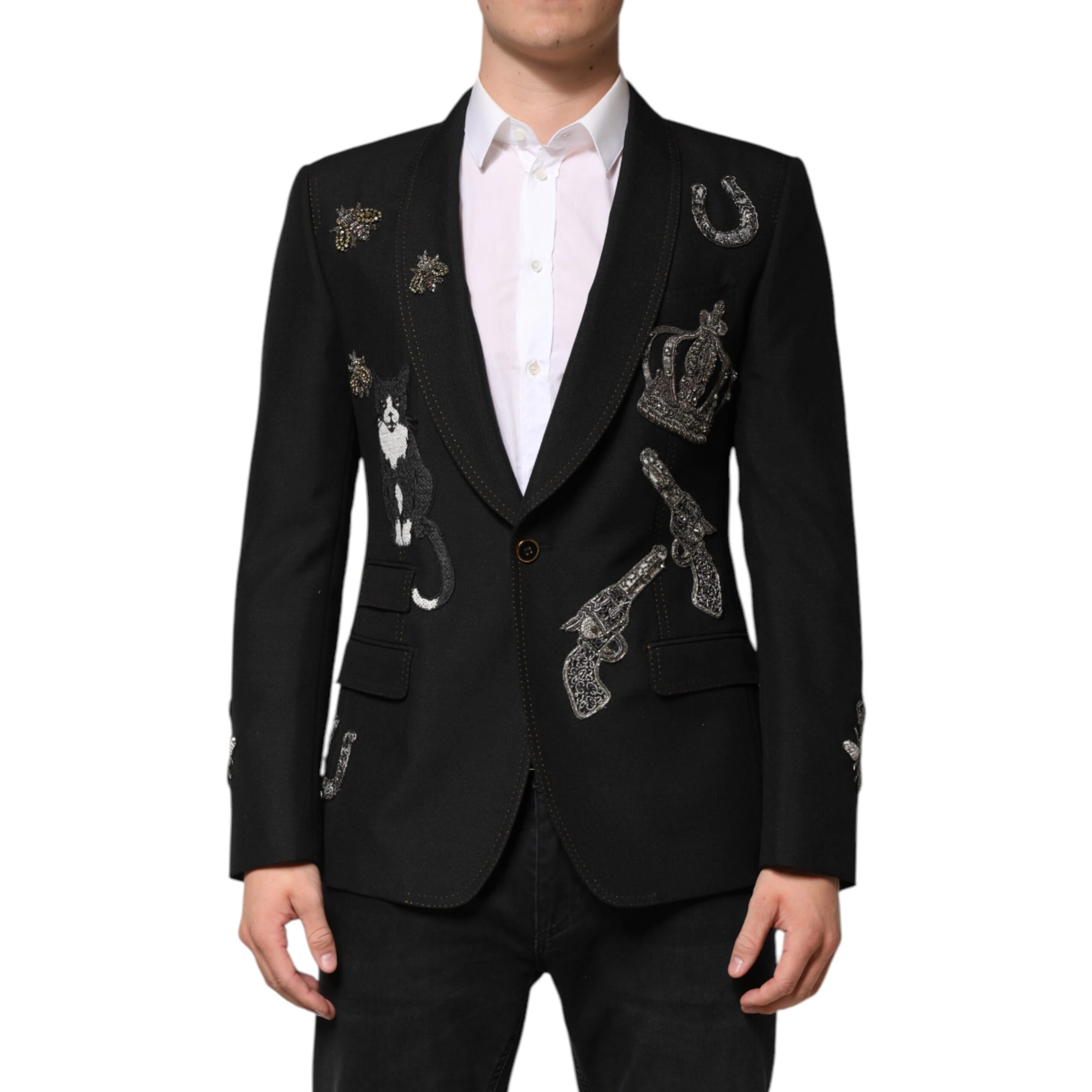 Black Bee Crown Embellished Suit Coat Blazer