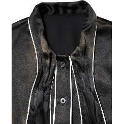 Black Silk Ascot Collared Button Blouse Top