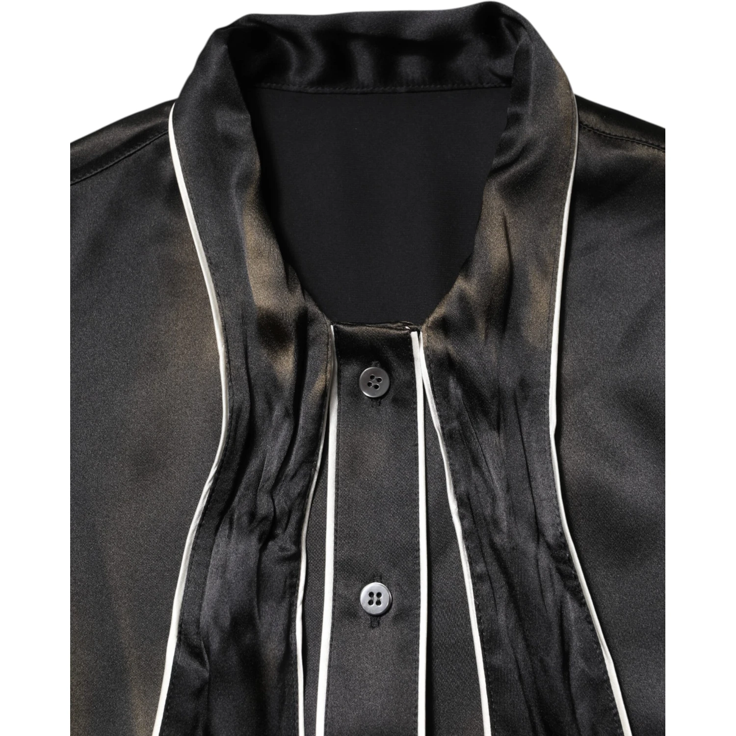 Black Silk Ascot Collared Button Blouse Top