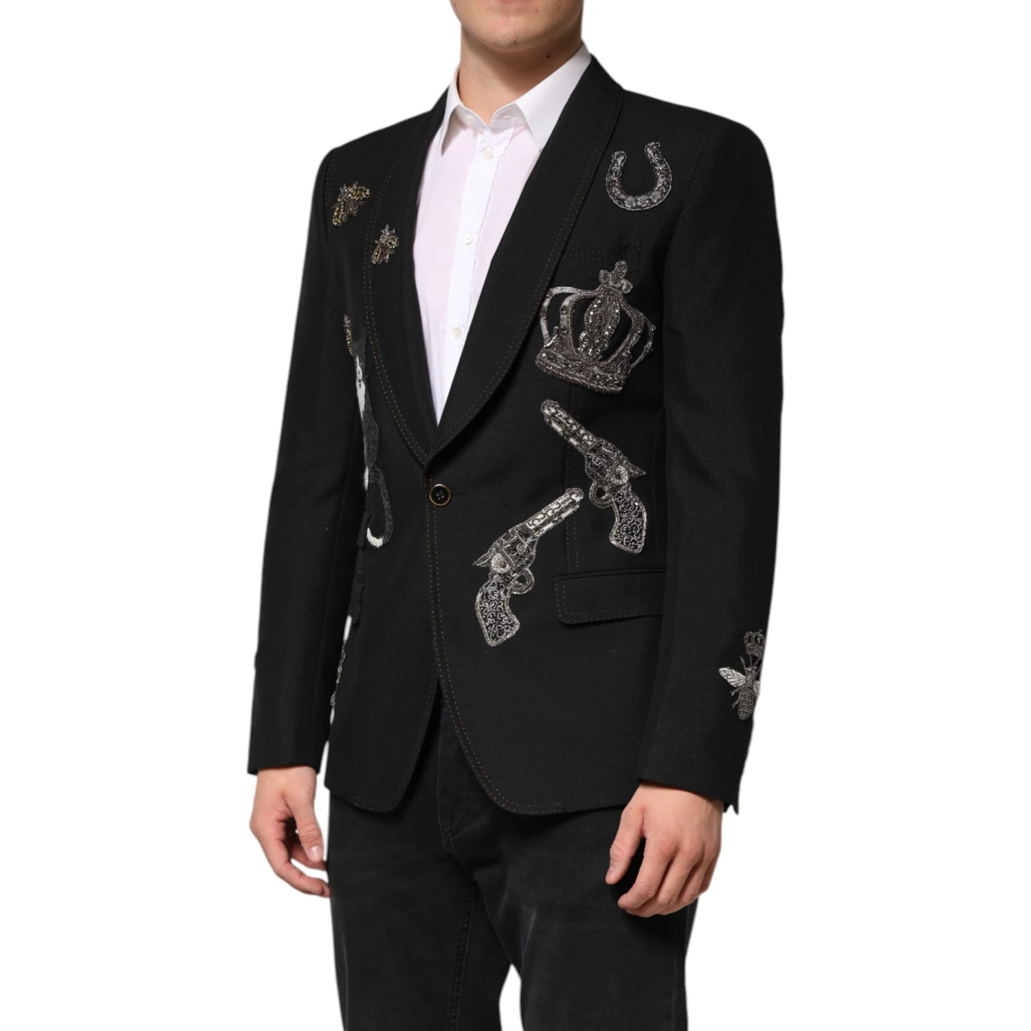 Black Bee Crown Embellished Suit Coat Blazer