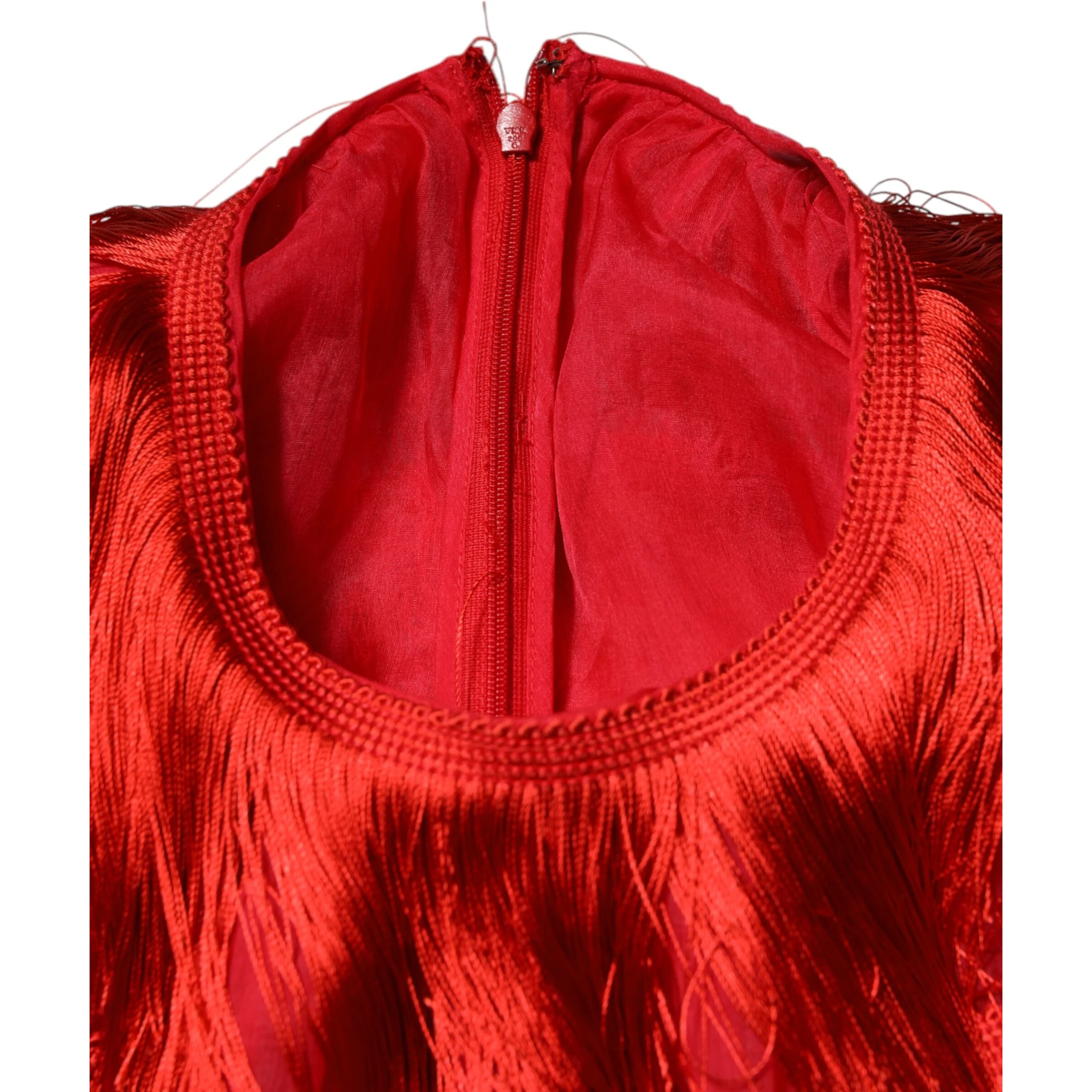 Red Silk Tiers Fringe Shift Knee Length Dress