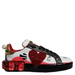 White Red Crystals Leather Portofino Sneakers Shoes