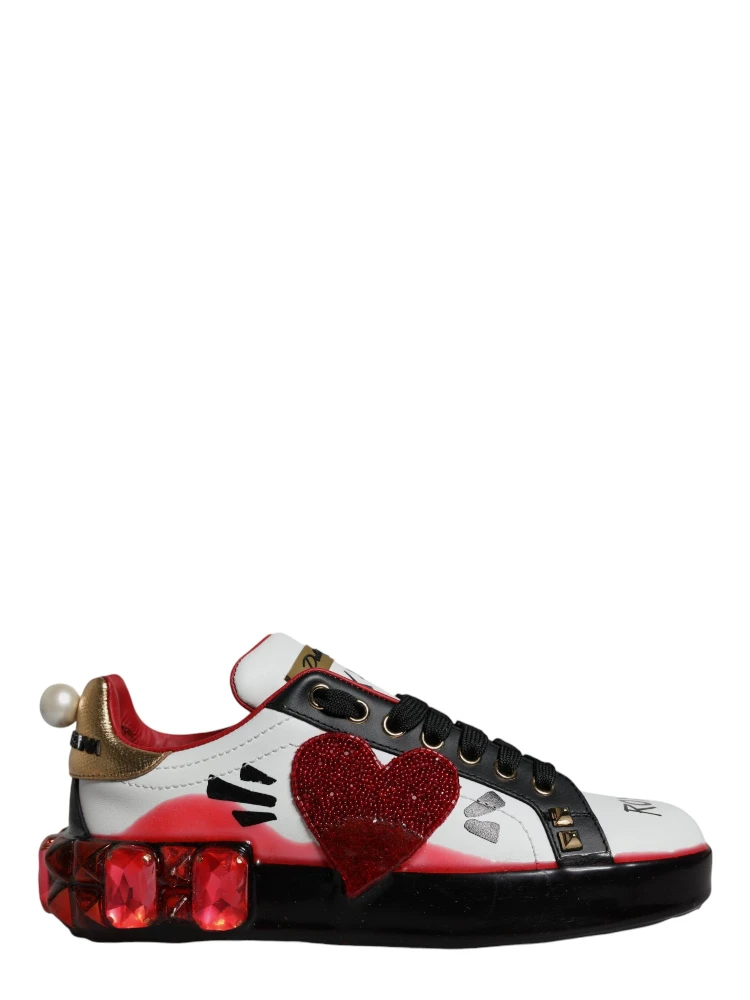 White Red Crystals Leather Portofino Sneakers Shoes
