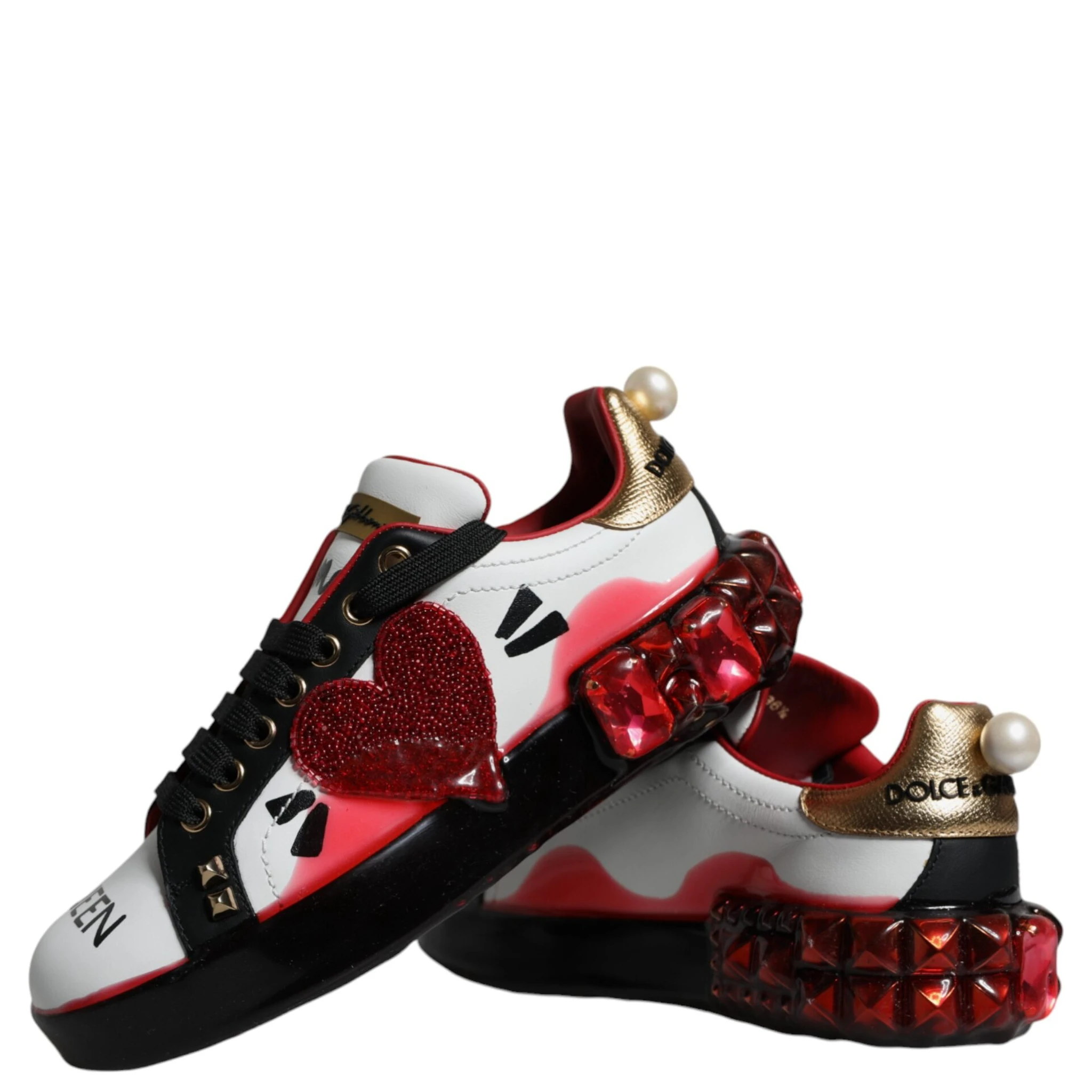 White Red Crystals Leather Portofino Sneakers Shoes