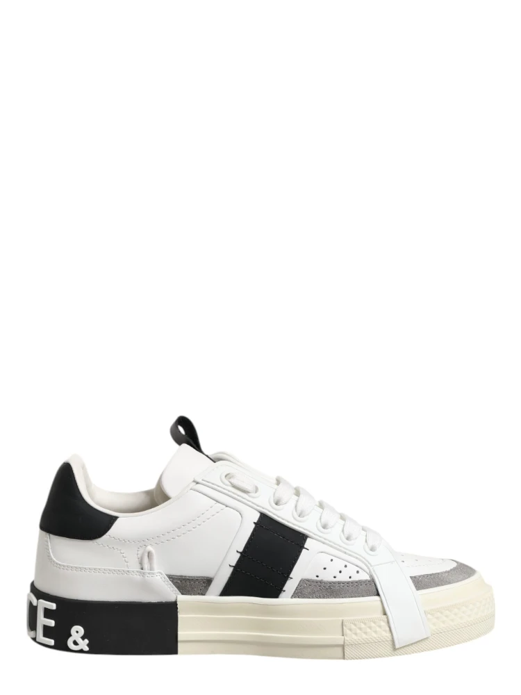 White Black Leather Low Top Sneakers Shoes