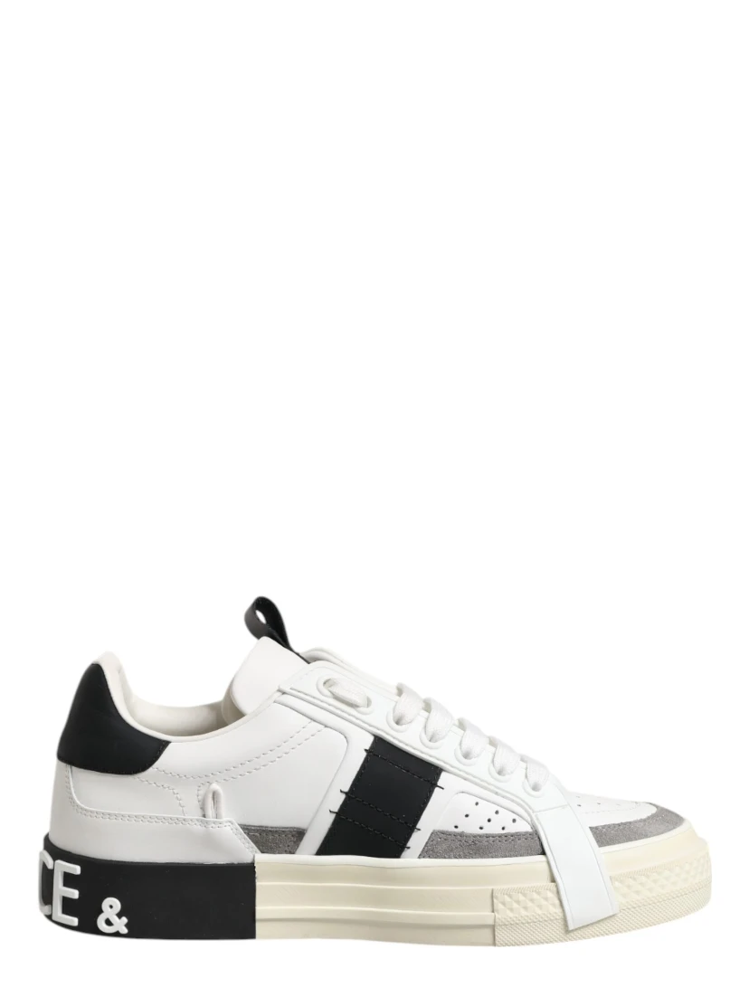 White Black Leather Low Top Sneakers Shoes