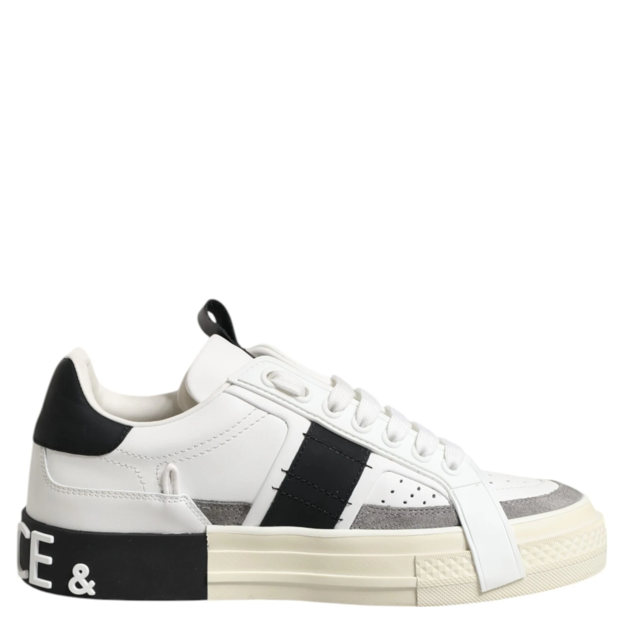 White Black Leather Low Top Sneakers Shoes