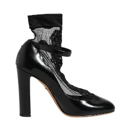 Black Leather Lace Socks Heels Pumps Shoes