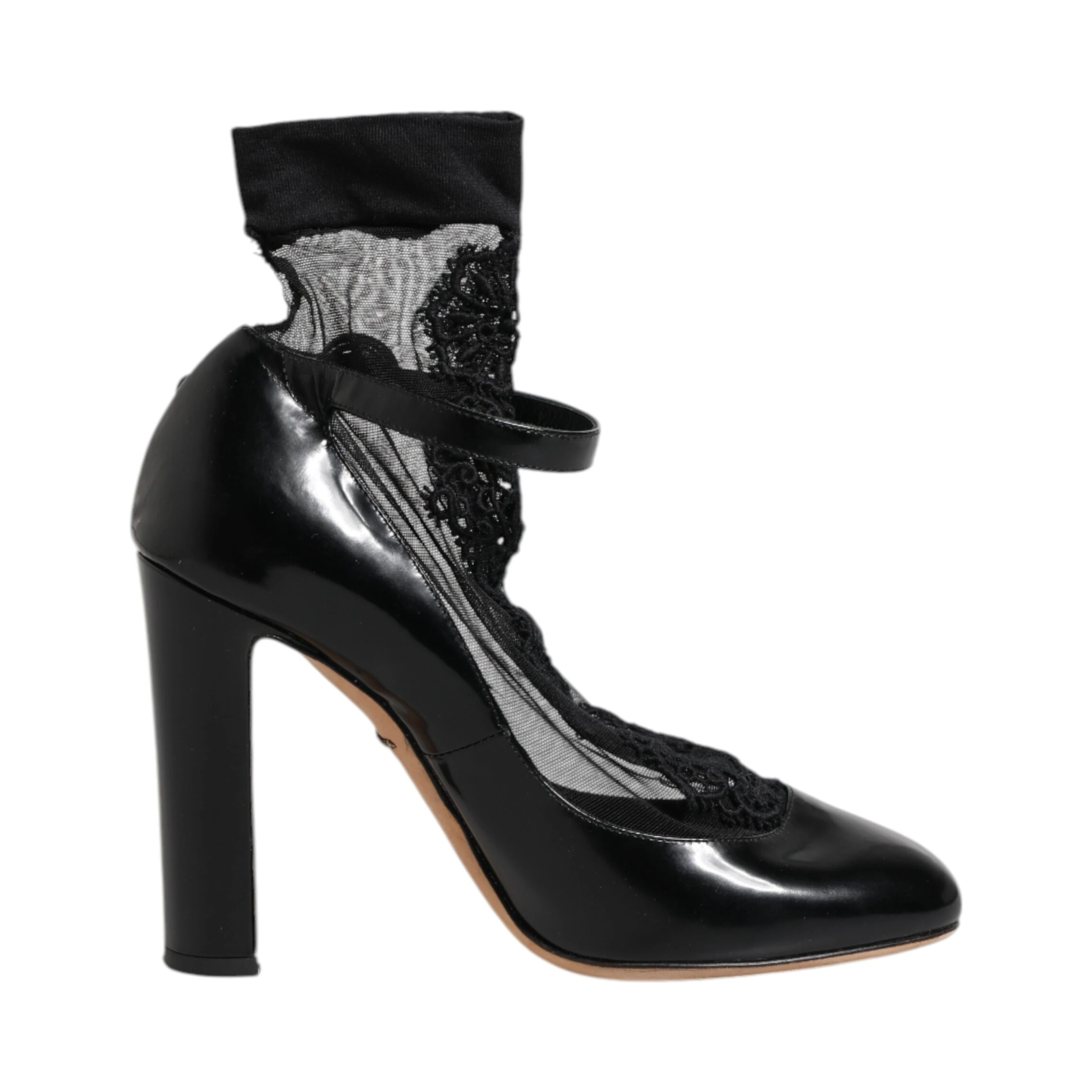 Black Leather Lace Socks Heels Pumps Shoes