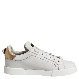 White Gold Leather Low Top Sneakers Shoes