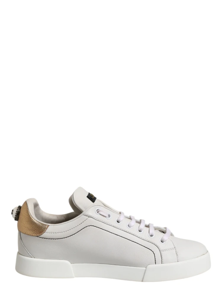 White Gold Leather Low Top Sneakers Shoes