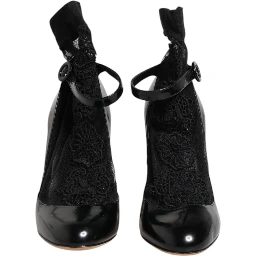 Black Leather Lace Socks Heels Pumps Shoes