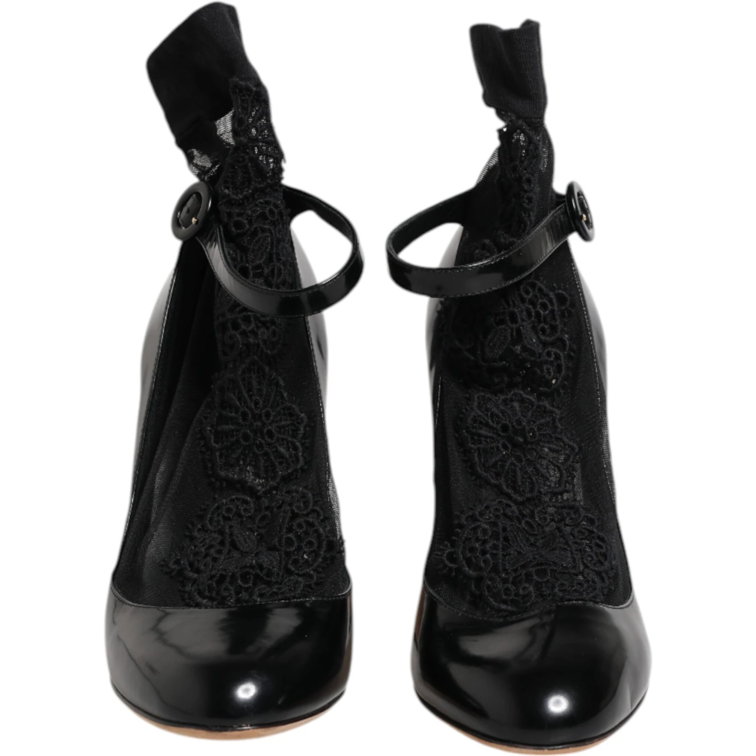 Black Leather Lace Socks Heels Pumps Shoes