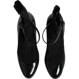 Black Leather Lace Socks Heels Pumps Shoes