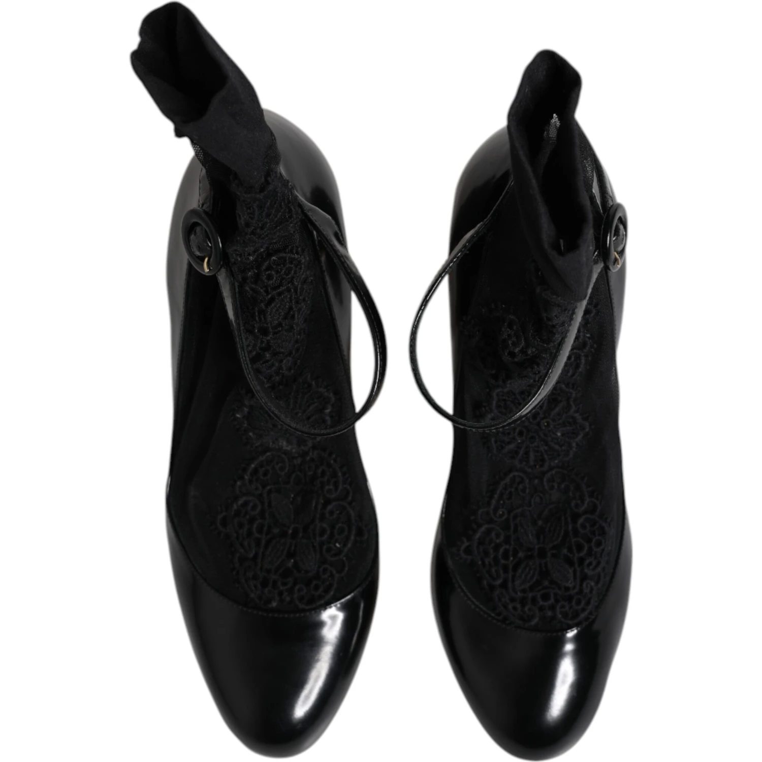 Black Leather Lace Socks Heels Pumps Shoes