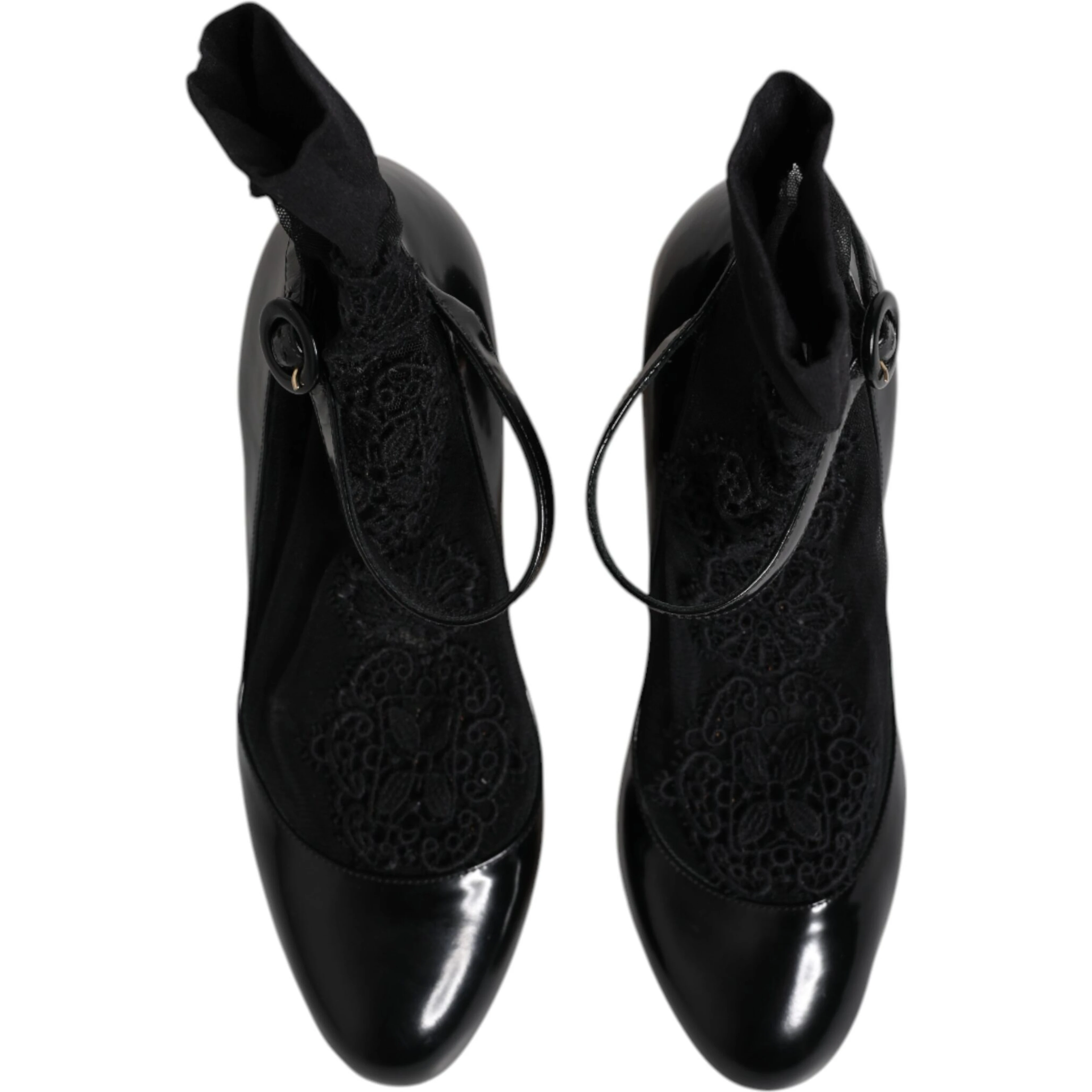 Black Leather Lace Socks Heels Pumps Shoes
