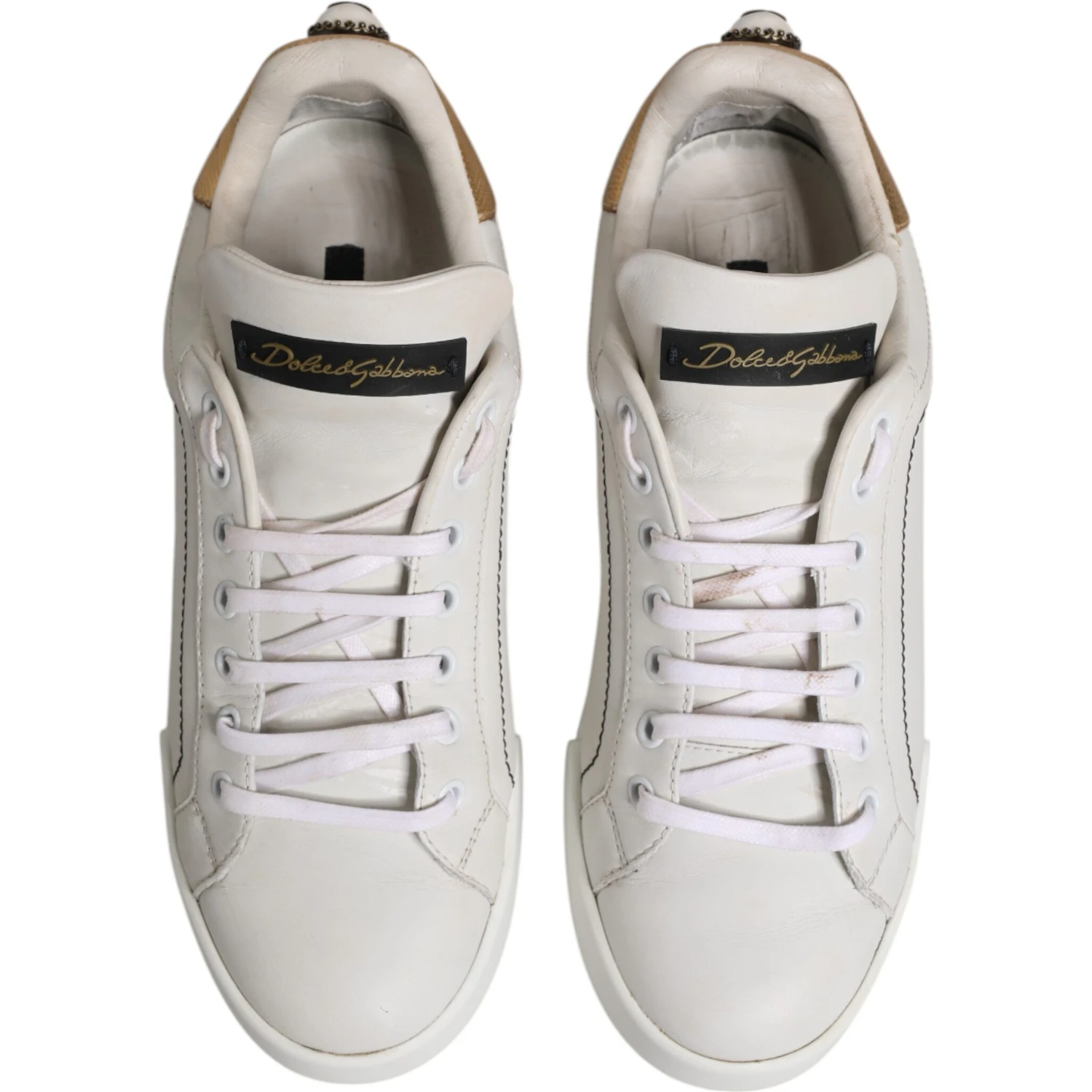 White Gold Leather Low Top Sneakers Shoes