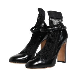 Black Leather Lace Socks Heels Pumps Shoes
